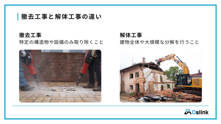 撤去工事の流れとは?対象物の種類や解体との違い