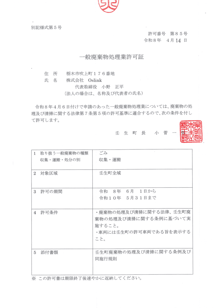 一般廃棄物処理業許可証 壬生町 R08更新